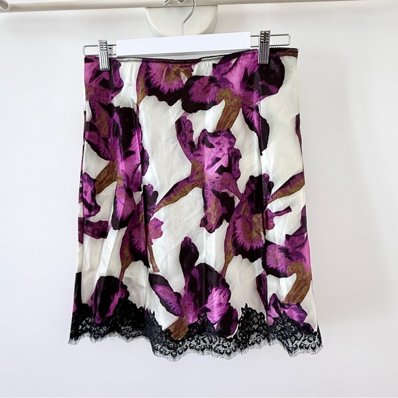 J. Crew Dresses & Skirts - J. Crew Floral Skirt with Purple Floral Print and Black Lace Trim size S